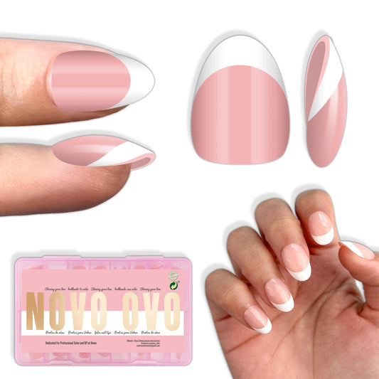 NOVO OVO Extra Short White French Tip Almond Nail Tips Press on BABY PINK, Thick Soft Gel Fake Acrylic Extension, Need Builder Gel Top Coat, No Glue Included, for Salon DIY x 16 Sizes 224 pcs