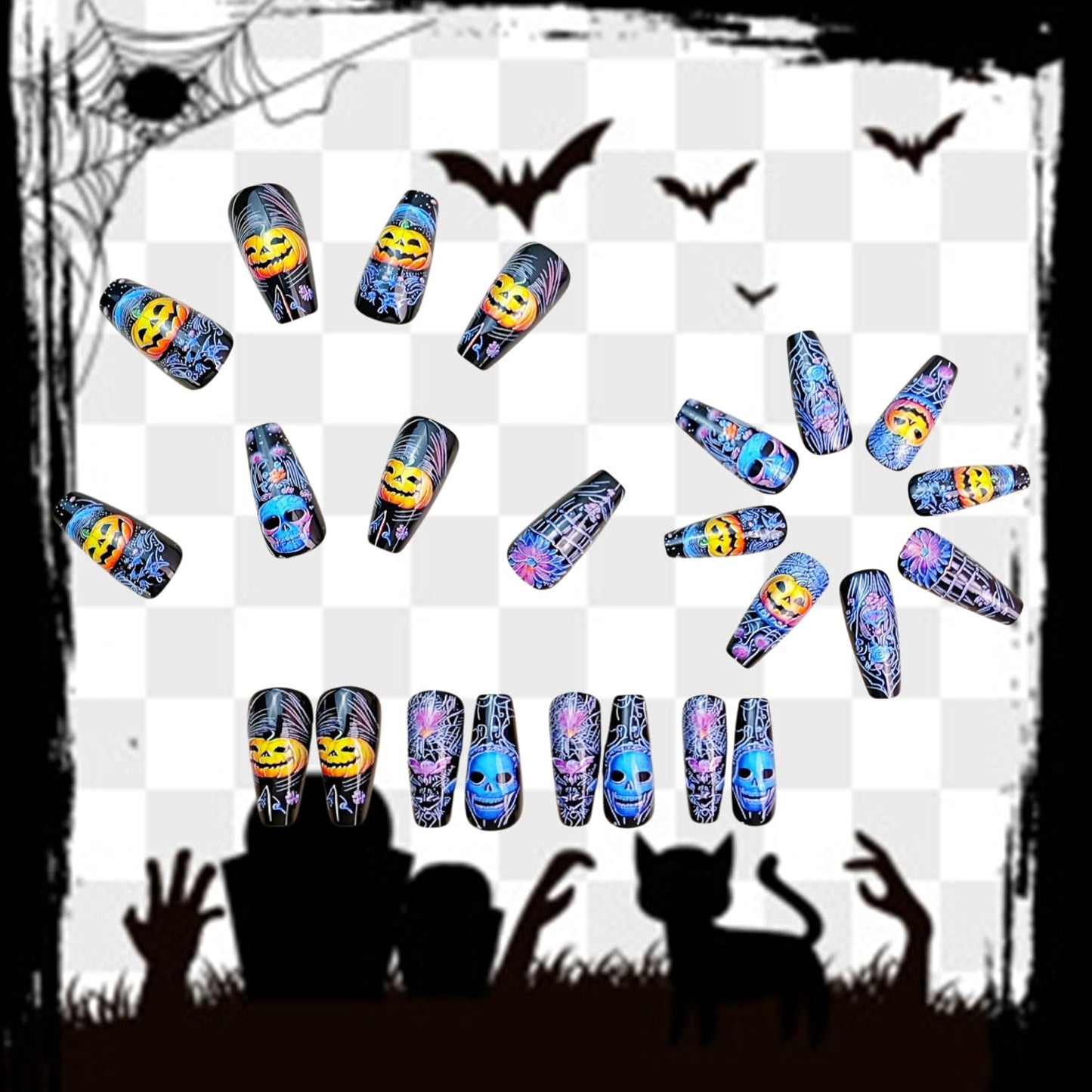 24Pcs Halloween Press on Nails Long Ballet Shaped Horror Skull False Nail Full Cover Artificial Acrylic Fingernails Pumpkin Flower Design Halloween Nail Festival Glue on Nails for Women Supplies