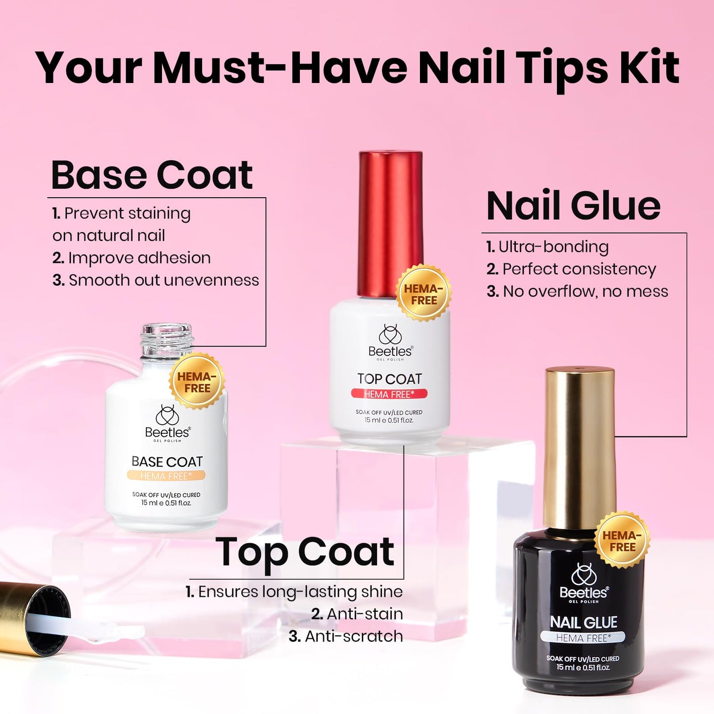 Beetles Gel Nail Kit Etch-X, Medium Almond, 288pcs 12 Sizes Nail tips, 3Pcs 15ml HEMA-Free Nail Glue Top Coat &Base Gel Set, for Acrylic and Clear Press On Nail, Long Lasting Extension DIY Set at Home