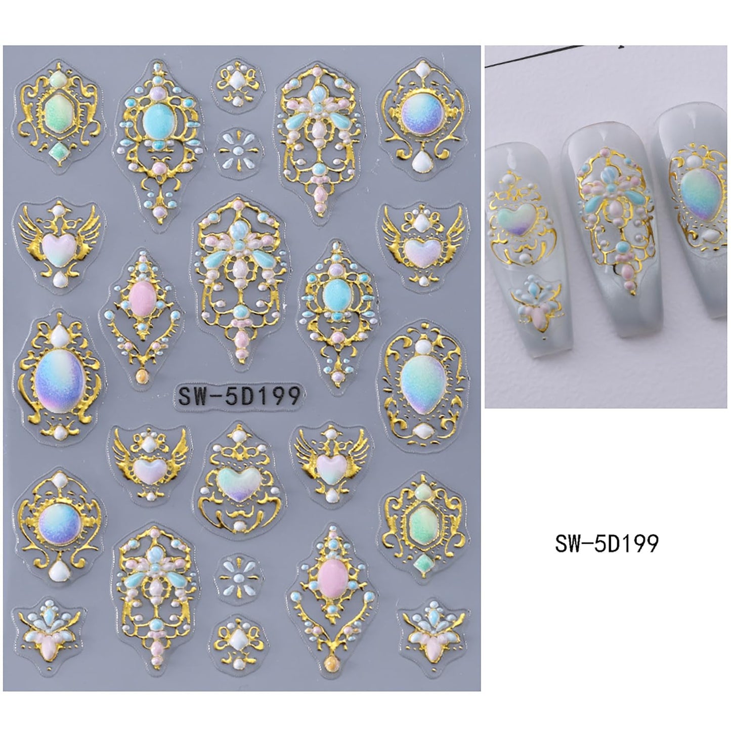 2 Sheets Bohemia Nail Stickers 5D Embosses Self-Adhesive Shine Rhinestones Nail Decals Gold Silver Heart Nail Stickers for Women DIY Manicure Decorations