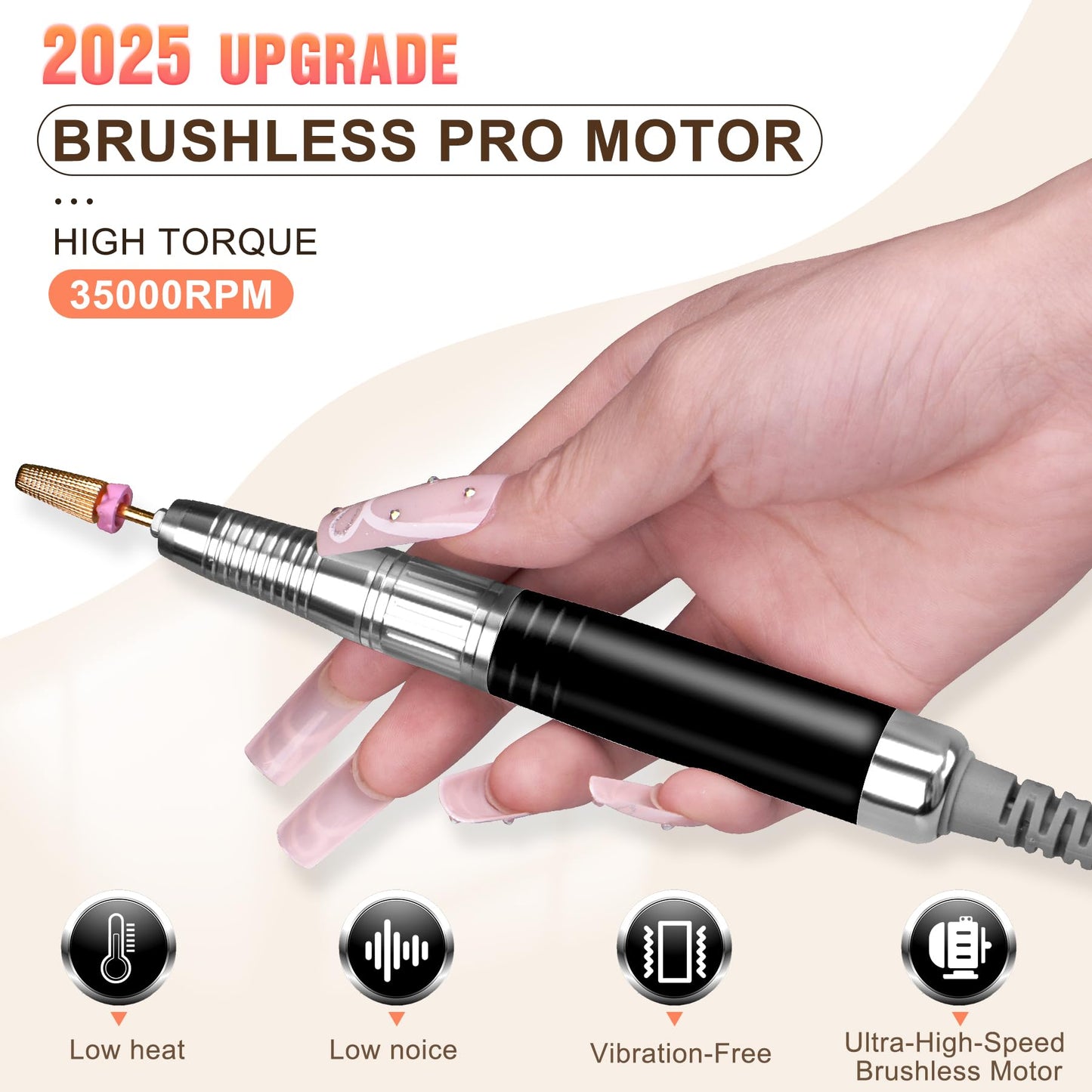 Professionl Nail Drill, 80w Brushless Pro Electric Nail Drill 35000rpm HoMove Cordless Nail Efile, High Torque, Quiet & Vibration-Free Electric Nail File for Nail Technicians,Home DIY (Black)