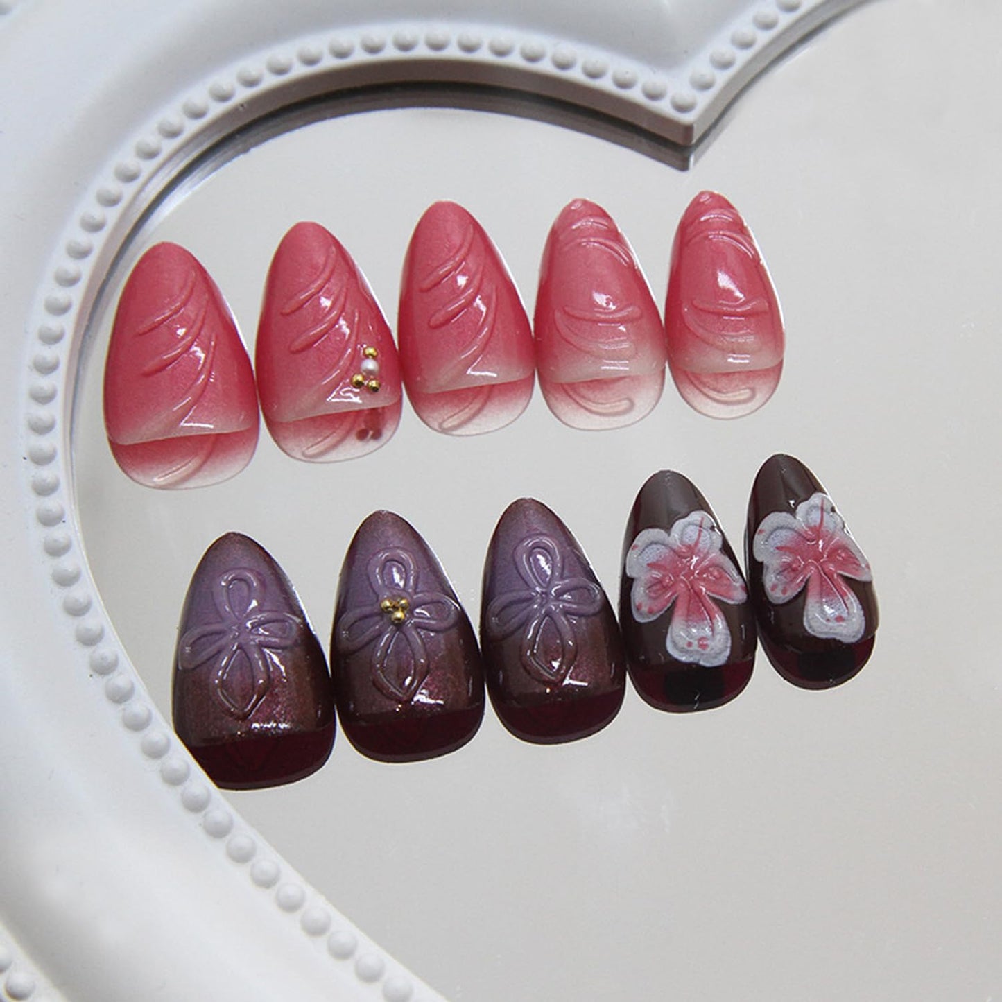 3D Flowers Press on Nails Medium Almond Fake Nails Cute Flower False Nails with Pearls Nail Charms Pink White Gradient Floral Design French Tip Press on Artificial Nails for Women DIY Decor Daily Wear