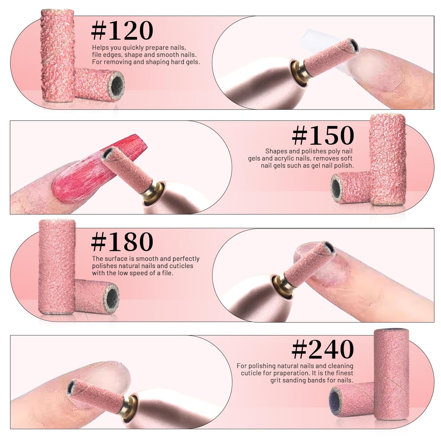 BLESWIN 500pcs Small Sanding Bands with Upgraded 3mm Mandrel Bit, 240 Grit for Acrylic Nail, Gel Nail Removing, Professional Nail Sanding Belt for Manicure and Pedicure, Pink