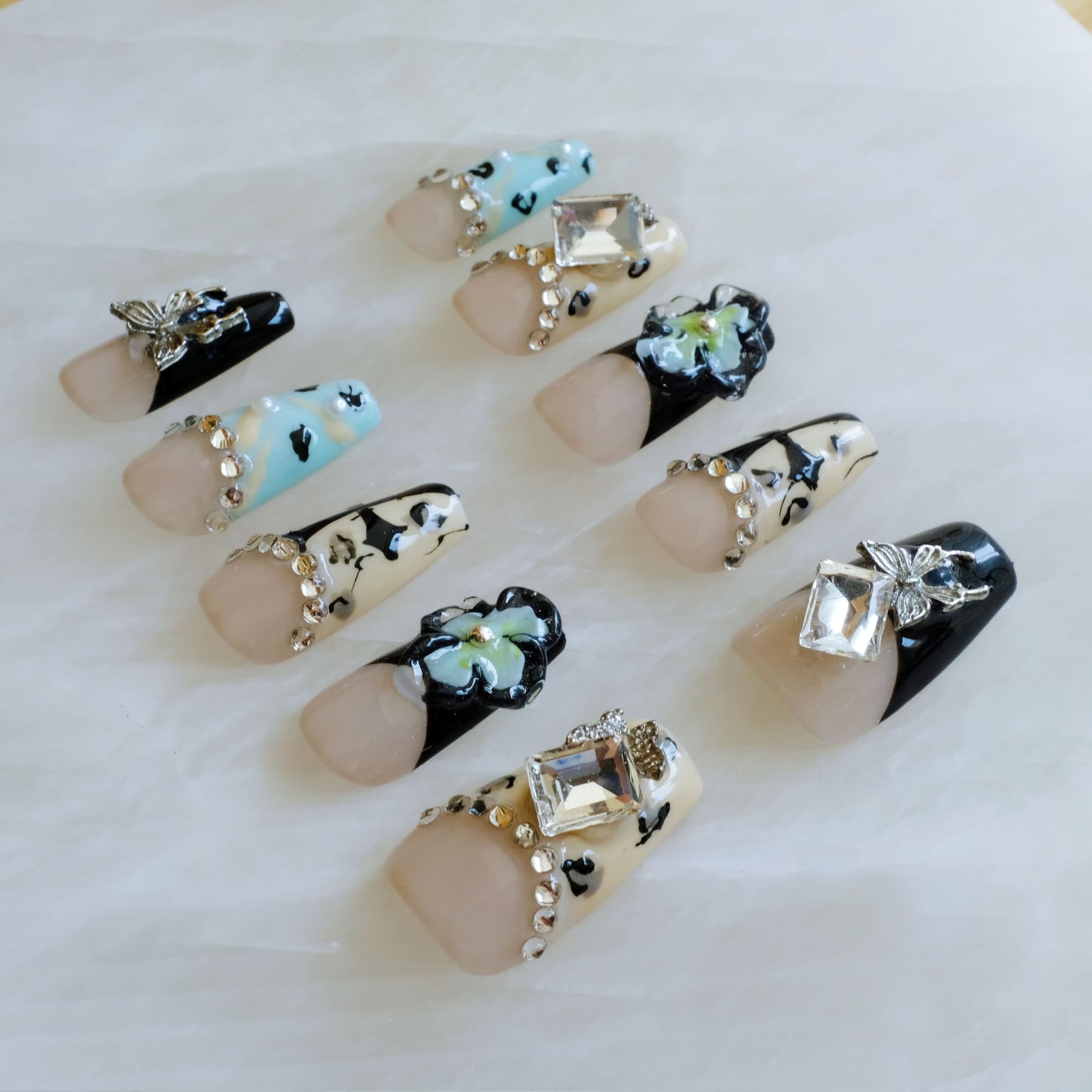 GLORS Press On Nails, Long Ballerina Style with 3D Flowers and Crystals, Black and Yellow Design, Handmade False Nail 10 Pieces (Small,LB)