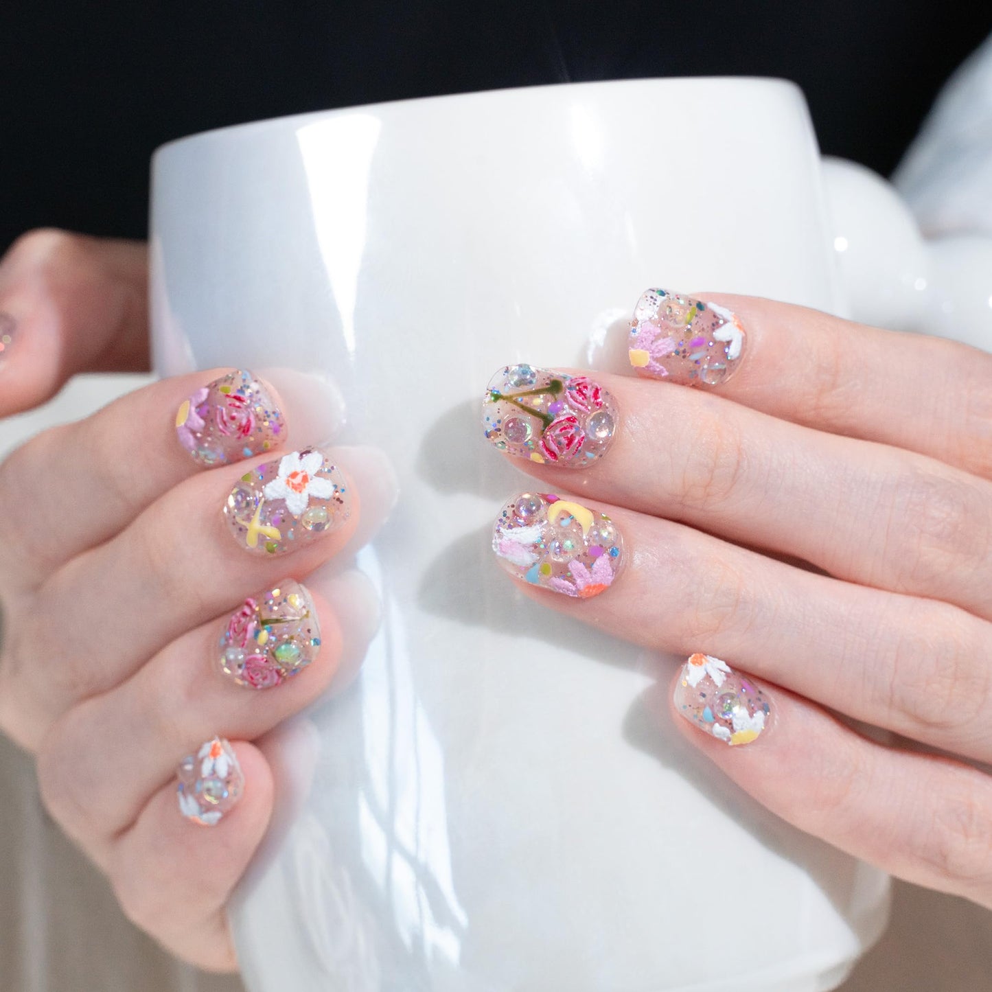 Sun&Beam Nails Handmade Press-on Short Squoval Round Pink White Flower Spring Hand-Painted Design Fashion False Nail Tips 10 Pcs Set (#273 S)