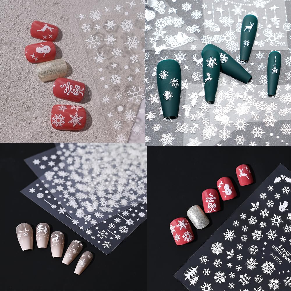 12 Sheets Snowflake Nail Stickers for Nail Art, 1000 Pcs 3D Self-Adhesive White Star Trees Nail Decals, Deer Elk Nail Supplies Nail Art Designs Accessories for Women and Girls Manicure DIY Decoration