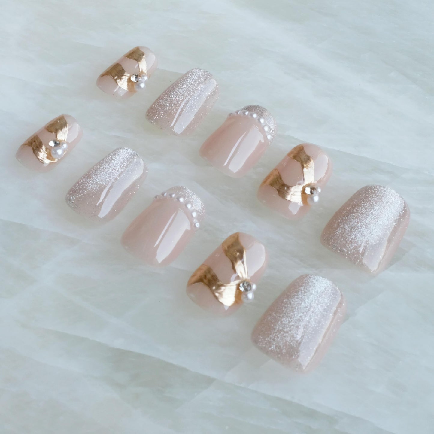 [GLORS] Purely Handmade Press On Nails | Elegant French Pink Pearl Gold Fake False Nail | Salon Quality in Short Square shape, 10 pieces (XS, SS)