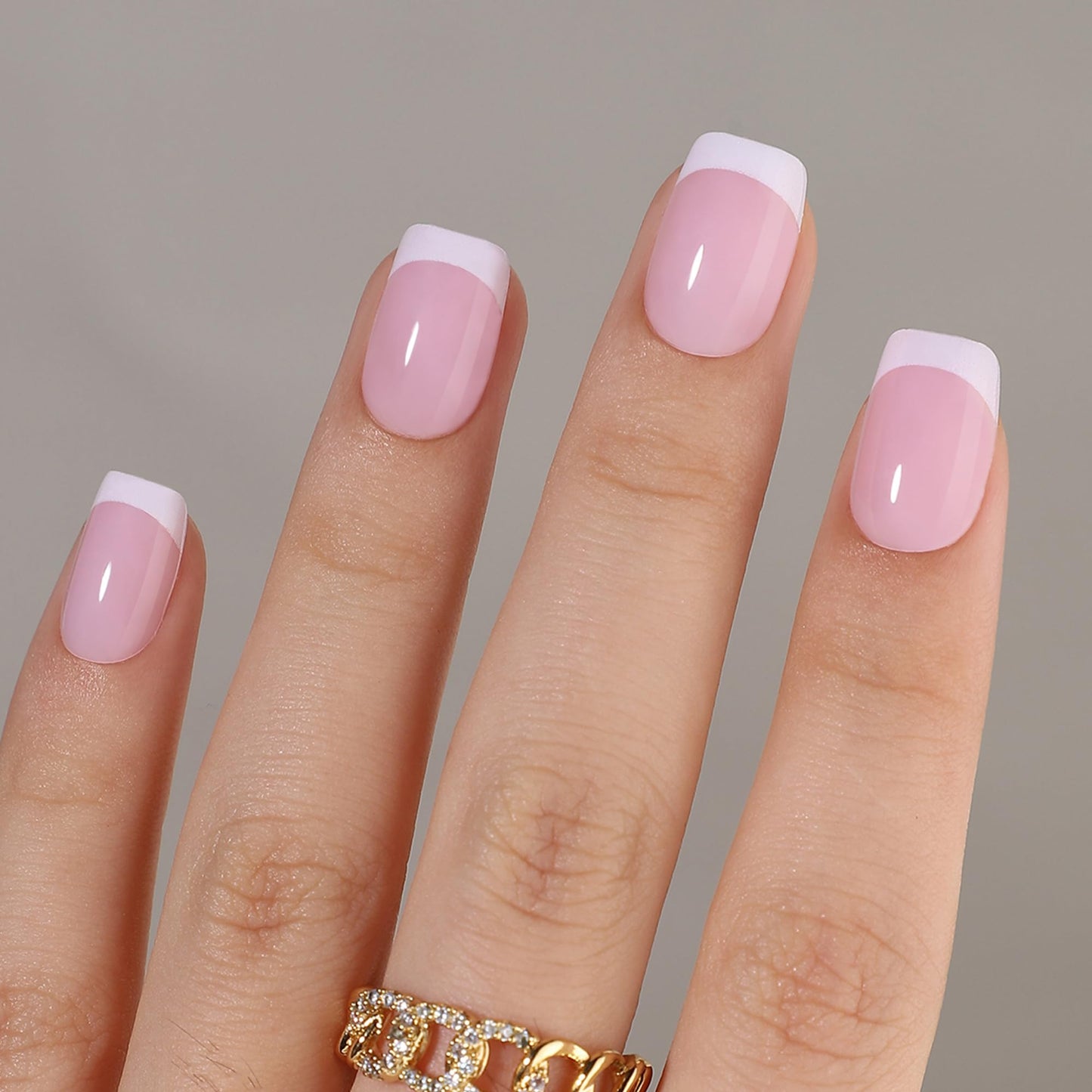 Hrnsnails Short Square Press On Nails, Glue On Nails Short Fake Nails with White French Tip Nails Glossy Designs, Nails Press Ons Soft Gel False Nails,Artificial Nails Stick On Nails for Women