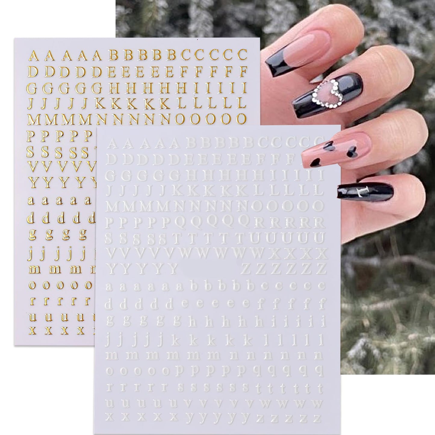 ROFIBUT Letters Nail Art Stickers English Alphabet Nail Decals 3D Self-Adhesive Metallic Gold Silver Nail Sticker Black Alphabet Nail Art Supplies for Women Girls DIY Nail Decoration Manicure 8 Sheets