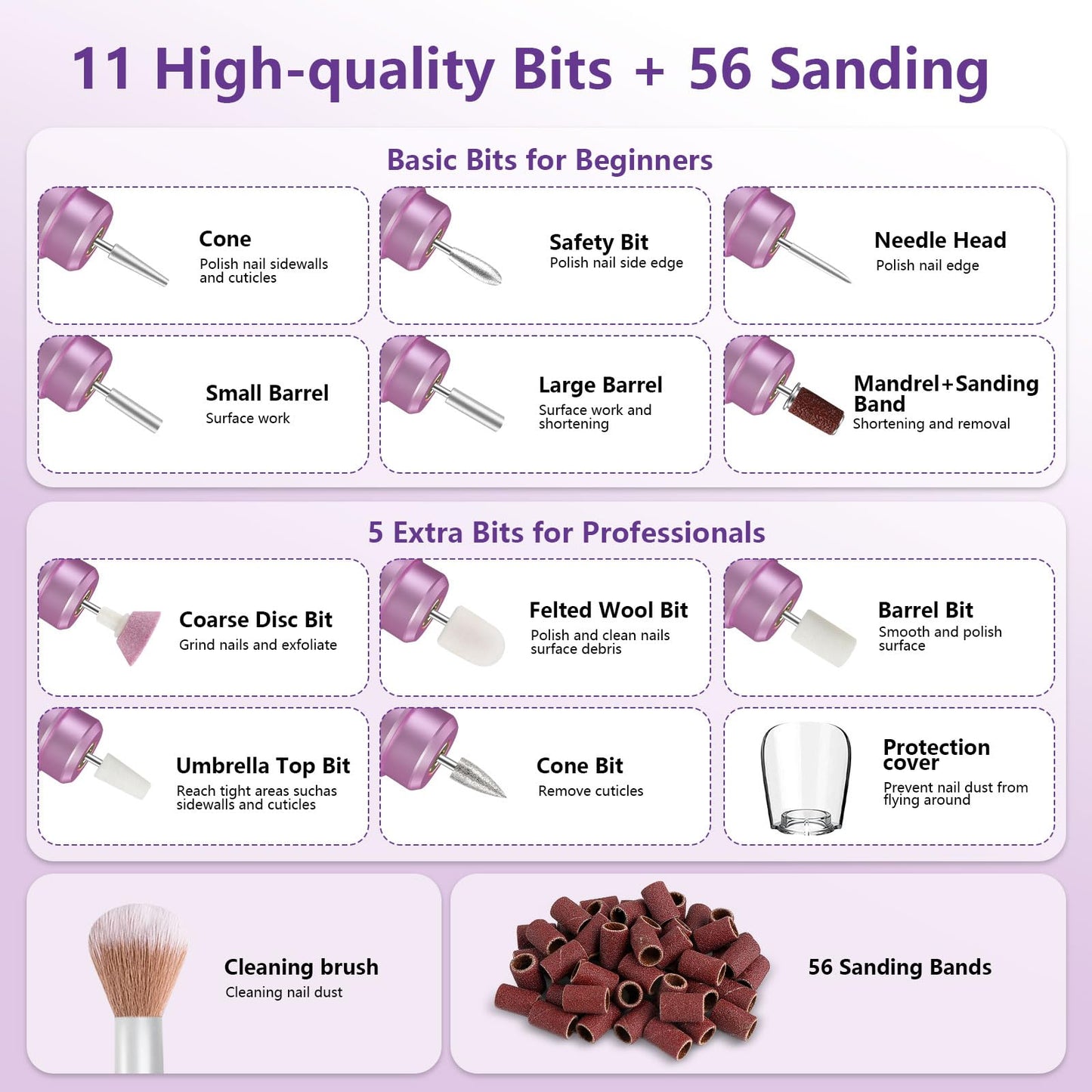 TUOBEO Cordless Nail Drill Electric Nail File Kit, Rechargeable Efile Set, Portable Acrylic Gel Nail Polish Remover Machine, Pedicure Manicure Tool, 11 Bits, 56 Sanding Bands, Salon Home, Purple