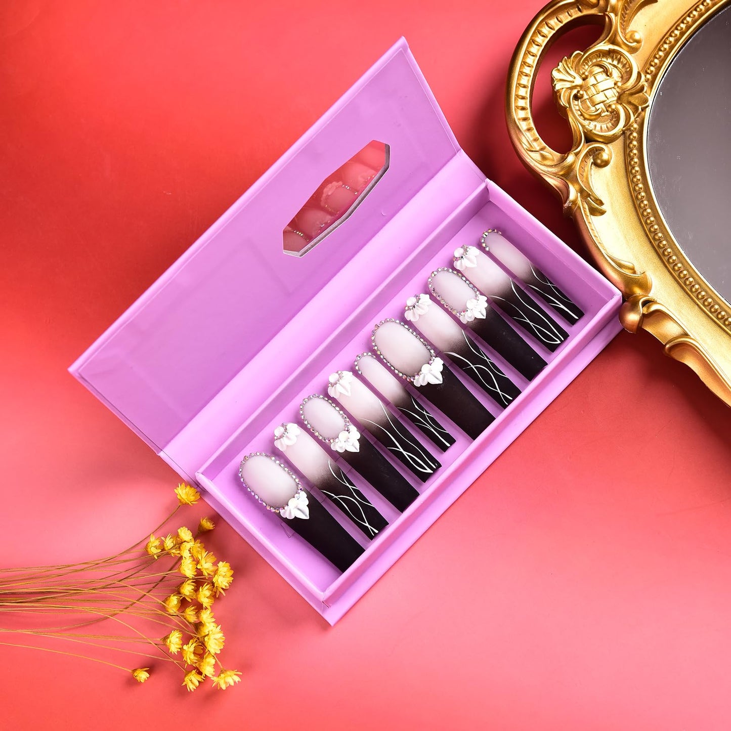 Tmani 10pc/set Extra Long Handmade Press On Nail Hot Girl's Long Ballet Nails Square Nail Full of Diamond Glitter Decoration Fake Nails Suitable For Girls Festival Parties and Birthday Gift (280,M)
