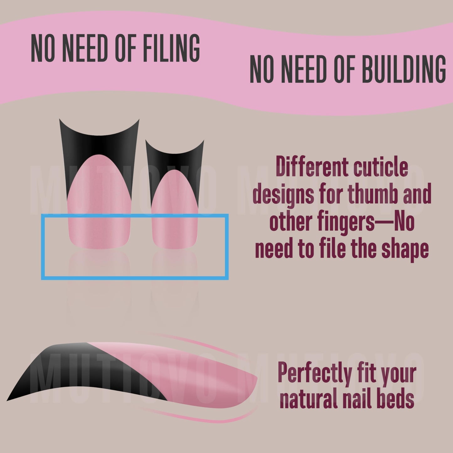 MUTIOVO Black French Tip Duck Feet Nail Tips Full Cover for Press on Acrylic with Moon Curve, BERRY PINK Extra Thick Medim Long, Flare Wide Soft Gel Fake False Nail Extension x 15 Sizes 150 pcs