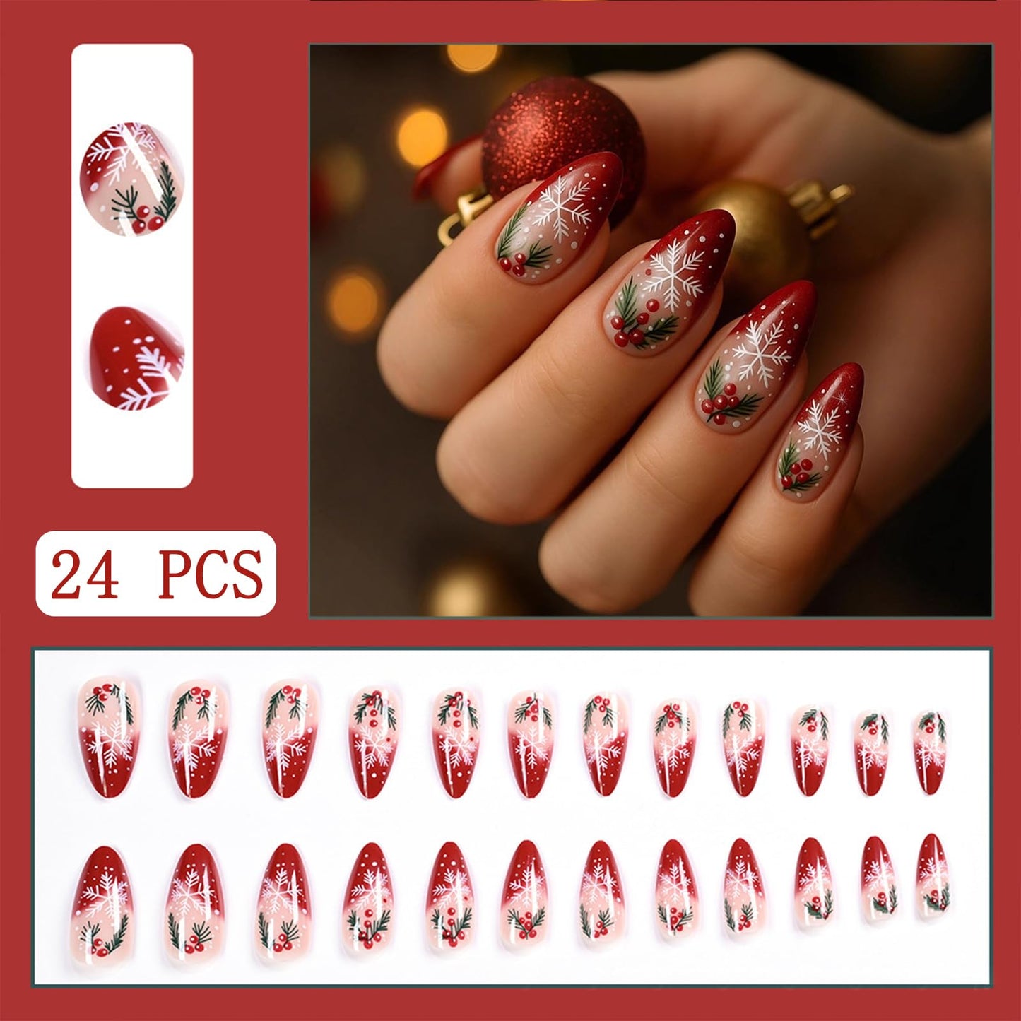 Christmas Press on Nails Medium Almond Fake Nails Snowflake with Red Fruit Designs False Nails Full Cover Glossy Red Gradient French for Women Christmas Party Wear Manicure Decoration 24PCS