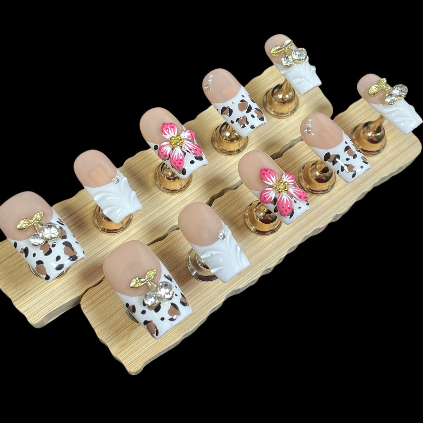 Handmade Press On Nails, 3D Velvet Floral Short/Medium Length Square White French Tips, Leopard Cherry Design, Reusable Acrylic False Nails (Velvet Jungle, S)