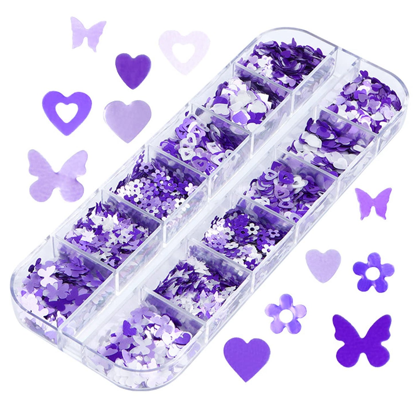 Holographic Purple Glitter Nail Art Sequins, 3D Glitters Flakes Nail Art Design, Love Heart Flowers Butterflies Acrylic Nails Supplies Accessories False Fingernails Manicure Charms Decorations Set