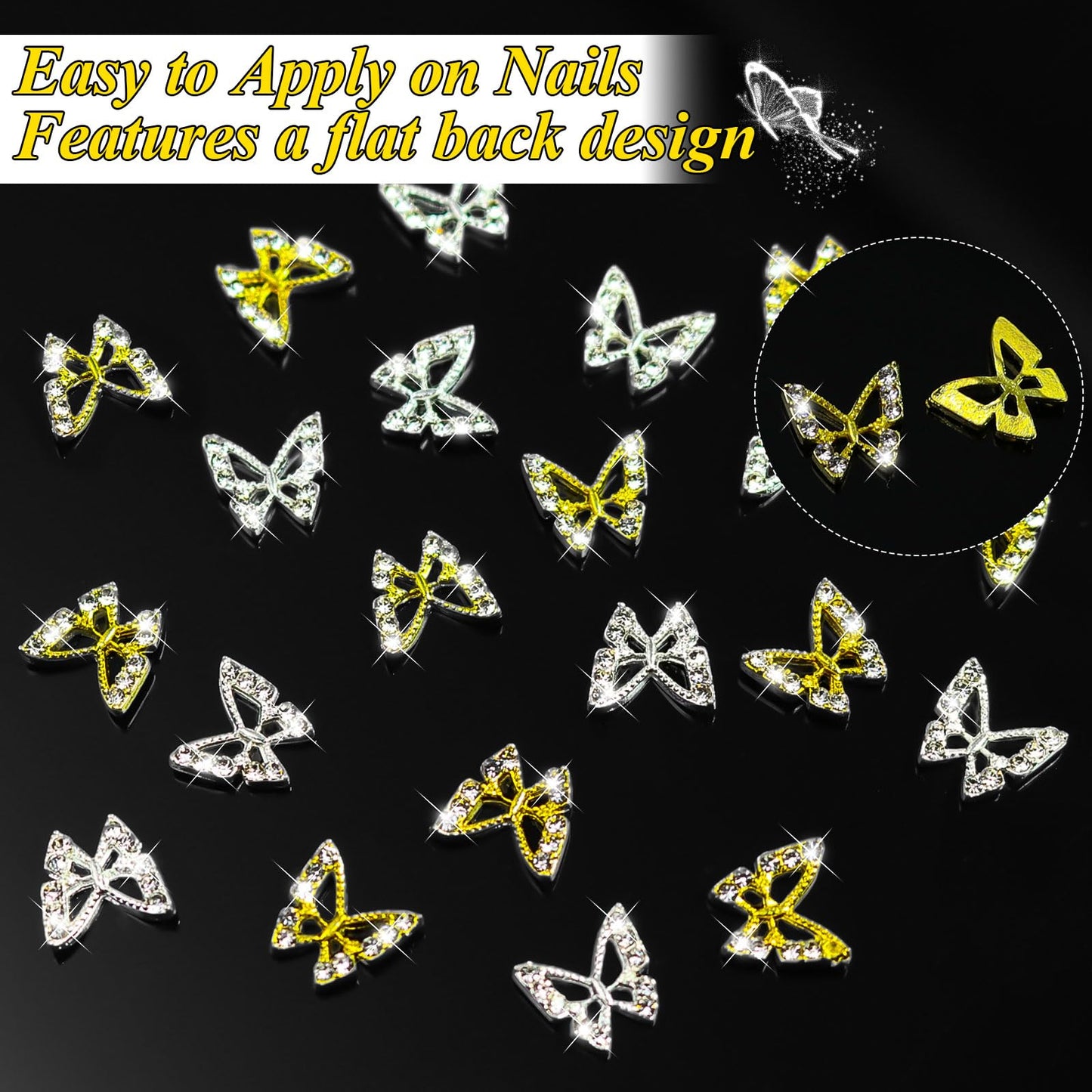 Dexspoeny 60Pcs Butterflies Nail Charms for Shiny Gold Silver Crystals Nails, Art 3D Metallic Fairy Nail Gems Butterflies Decoration Supplies for Women Girls Nails DIY Manicure Jewelry