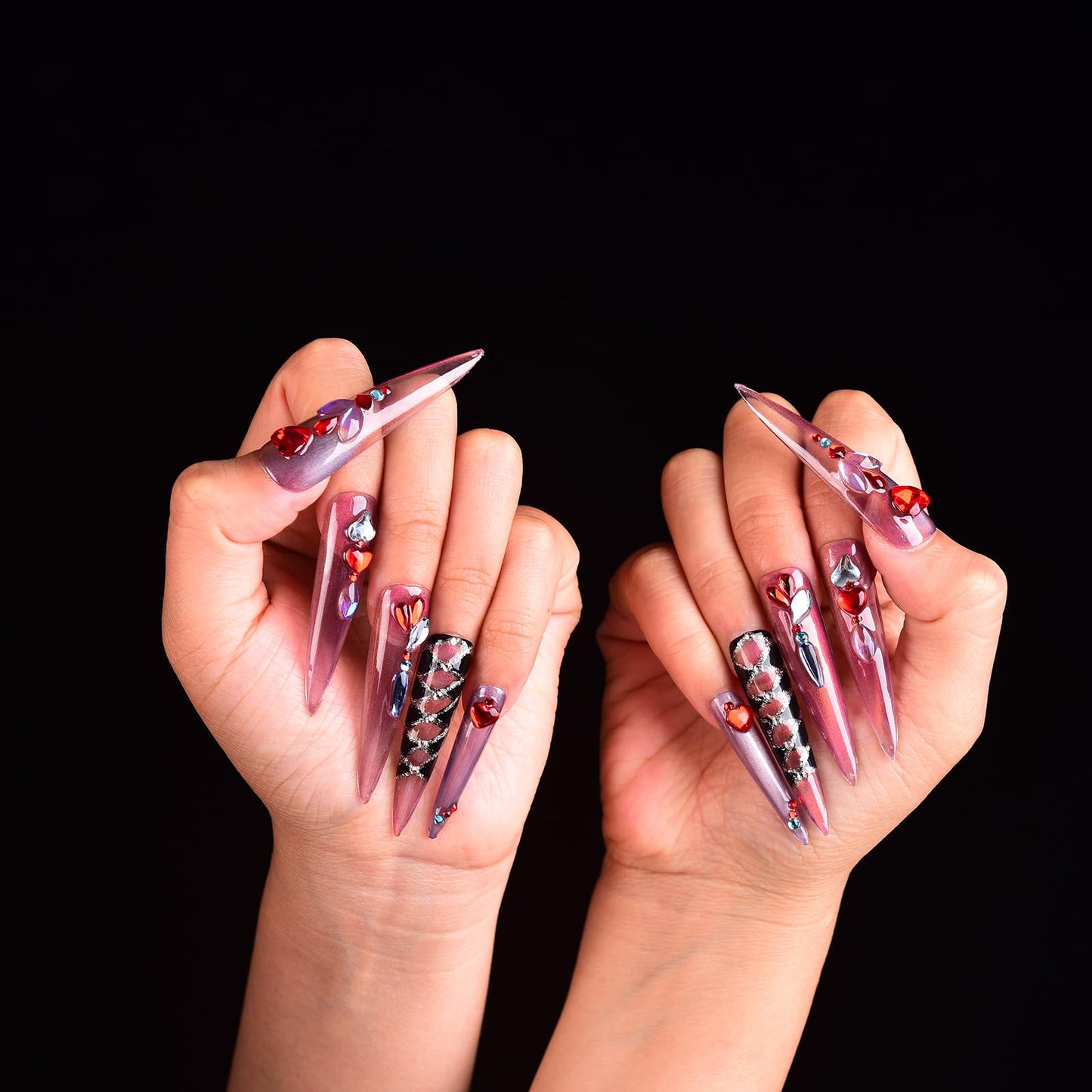 Tmani 10pc/set Extra Long Handmade Press On Nail Hot Girl's Long Ballet Nails Pointed Nail Full of Diamond Glitter Decoration Fake Nails Suitable For Girls Festival Parties and Birthday Gift（102,S)