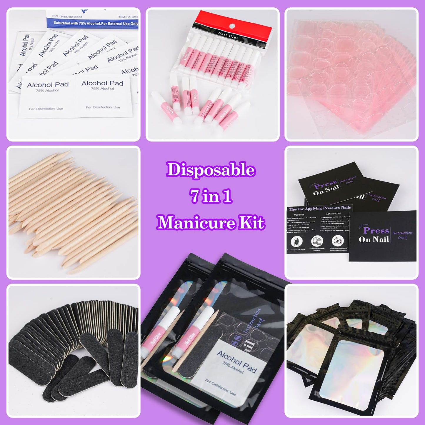 Disposable Nail Supplies Kits,Professional Manicure Press On Nail Tool Kit With Nail File,Adhesive Tabs,Nail Glue,Sticks, Prep Pads,Bags,Cards for Nail Business (Black-350pcs50set)