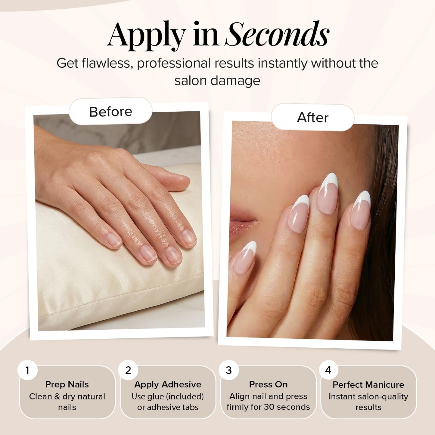 Static Nails Reusable Pop-On Manicures. French Tip Press On Nails, Short, Almond. Like-Acrylic, Salon Quality. Long Lasting & Can be Reapplied. Chic French. 30 PK/15 Sizes.