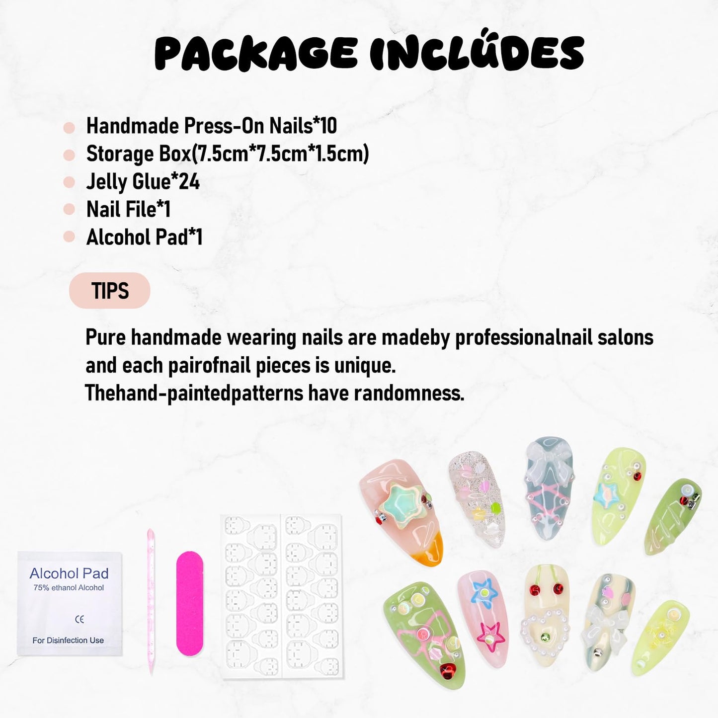 Short Press on Nails Almond Handmade False Nails 3D Stars Bow Pearl Designs Summer Flower Cherry Thick Acrylic Nails Full Cover Fake Nail Set Cute Glue on Nails for Women (Size M)