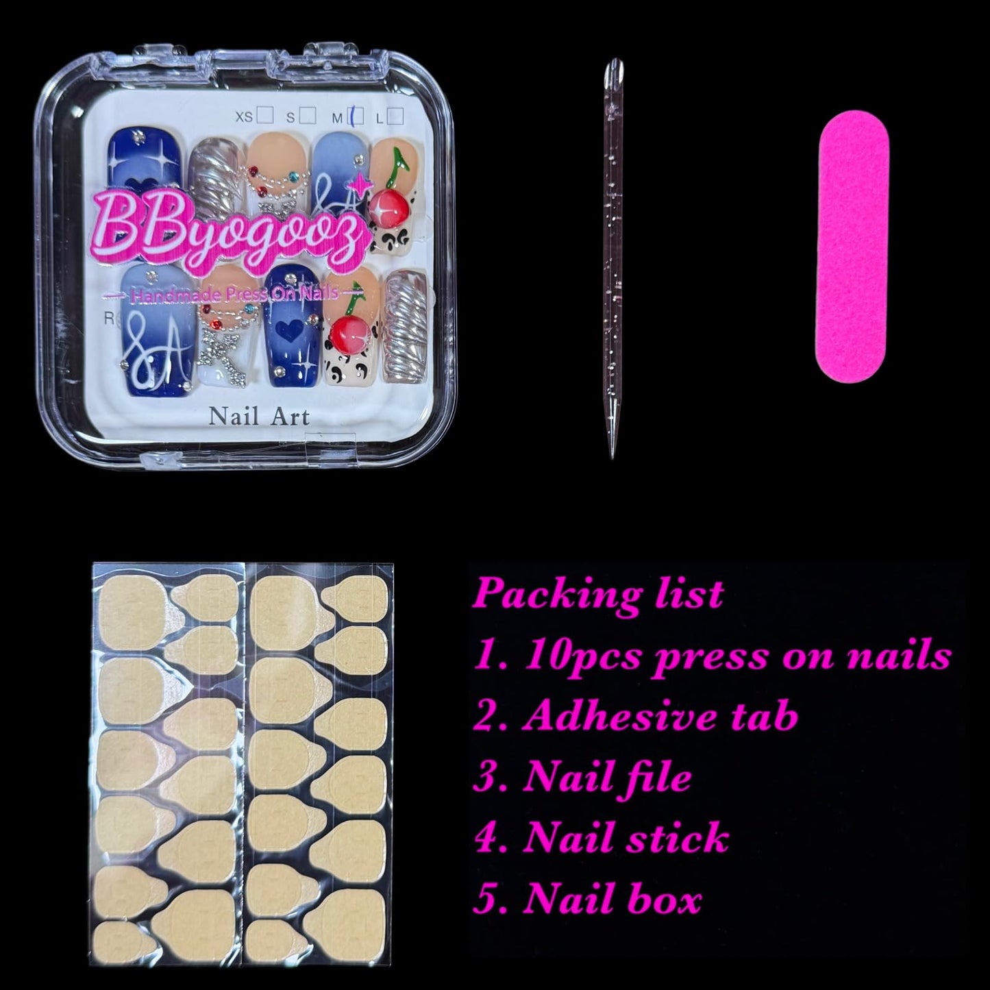 Handmade Press On Nails, Short Square Blue Nude with 3D Cherry, Rhinestone Chrome Acrylic, Reusable Stick On Nails Rebel Symphony (M)