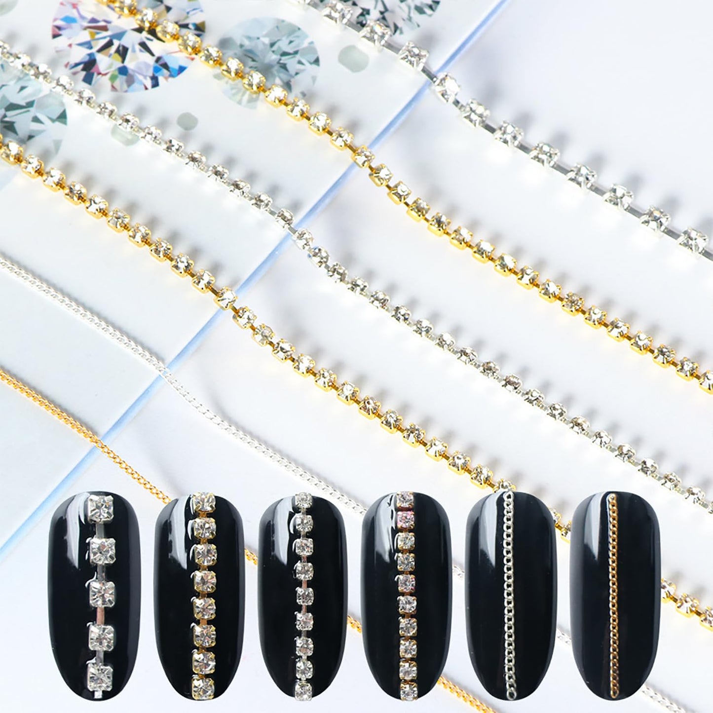 JERCLITY 4 Packs of 24 Strips Nail Chains for Nail Art Gold Silver Alloy Metal Nail Art Chains Gold Nail Charms Punk Nail Studs Jewelry Accessories for Women Nail Art