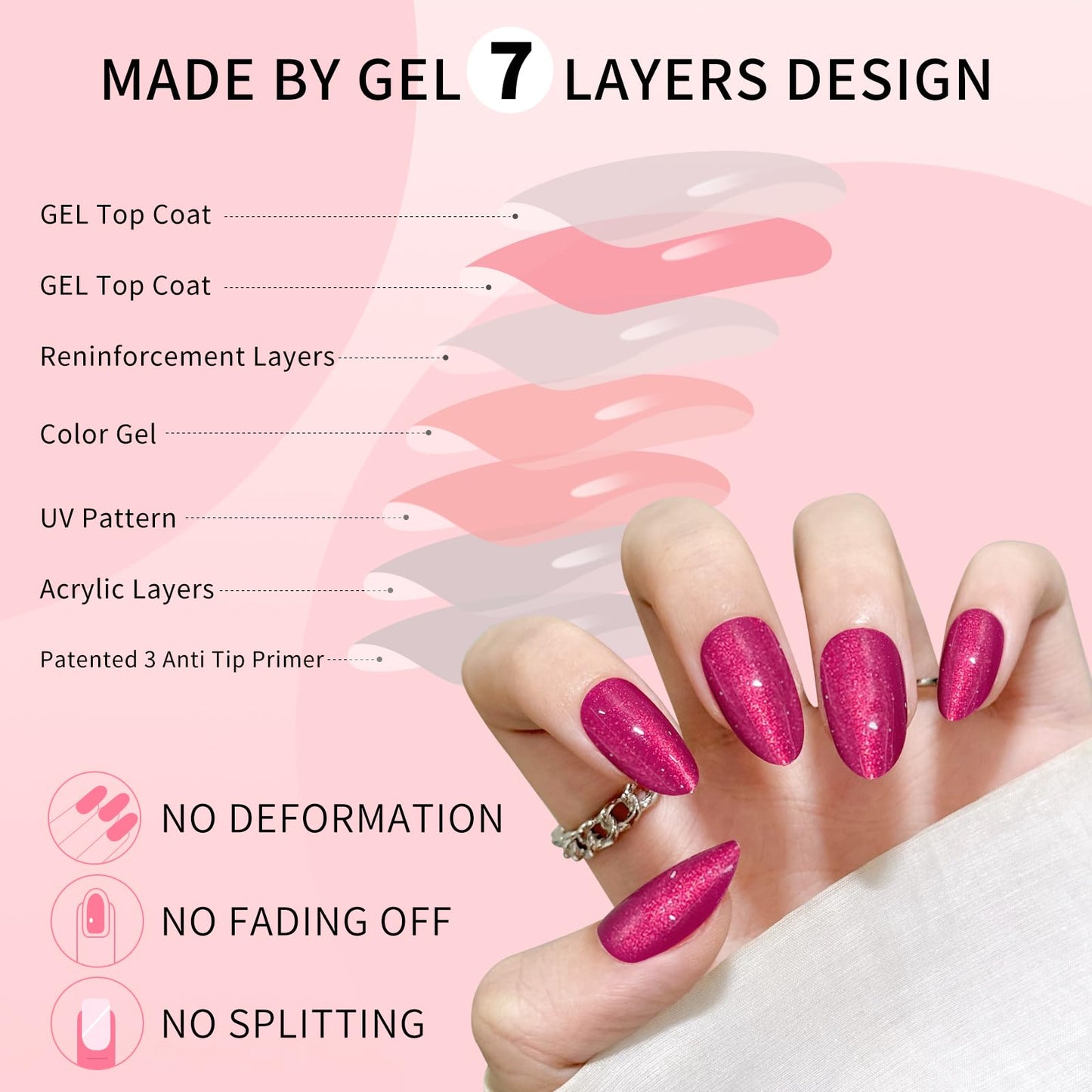 Rose Red Almond Cat Eyes Press On Nails,12 Sizes - 24 Pcs Soft Gel Red Medium Fake Nails Kit with Nail Glue, Natural Reusable Stick On False Nails for Women and Girls SK1024