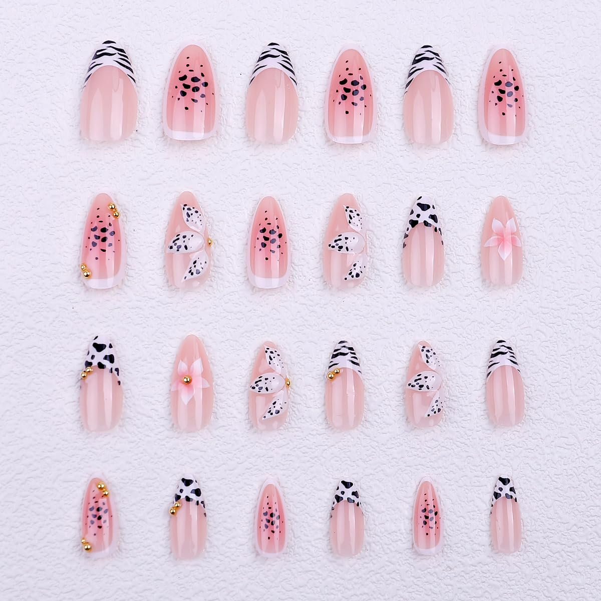 Leopard Press on Nails Medium Almond Nails Press on with 5D Flower & Gold Charm Design Glossy Nude Fake Nails French Tips Glue on Nail Reusable Fall Summer Nail for Women Manicure 24Pcs