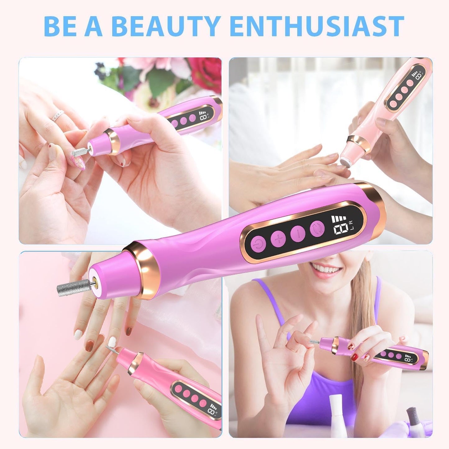 HengYuaoler Professional Manicure Pedicure Kit Cordless Electric Nail File Set 6 Speed Cordless Nail Drill for Thick Nail Toenail Cuticle Hand Foot Care Nail Drill Tool(Rose)