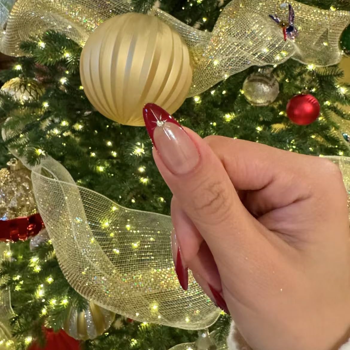 Handmade Red French tip Press on Nails Christmas long style Almond Fake Nails with Glue Full Cover Glossy False Nails Stick on Nails for Women Manicure Aurora Powder Decoration 10PCS (MT-124-S)