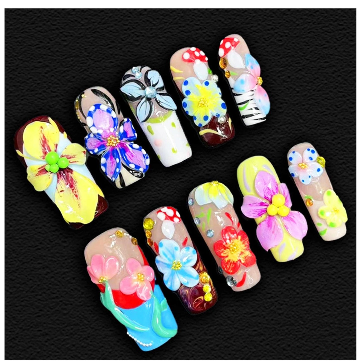 Handmade 3D Floral Art Colorful Square Press On Nails, Sweet Rhinestone Artisan Nails Set, Reusable Glossy Press-ons with Tool Kit(XS)