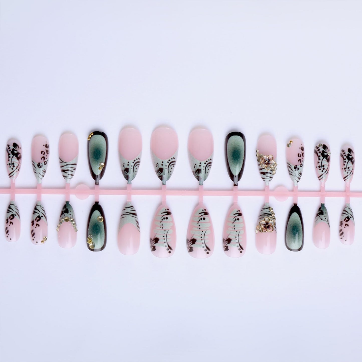 Medium Press on Nails Almond Fake Nails Green Artificial Nail Animal Print Stick on Nail with Black Tip Metal Flower Rhinestone Accent for Women 24pcs