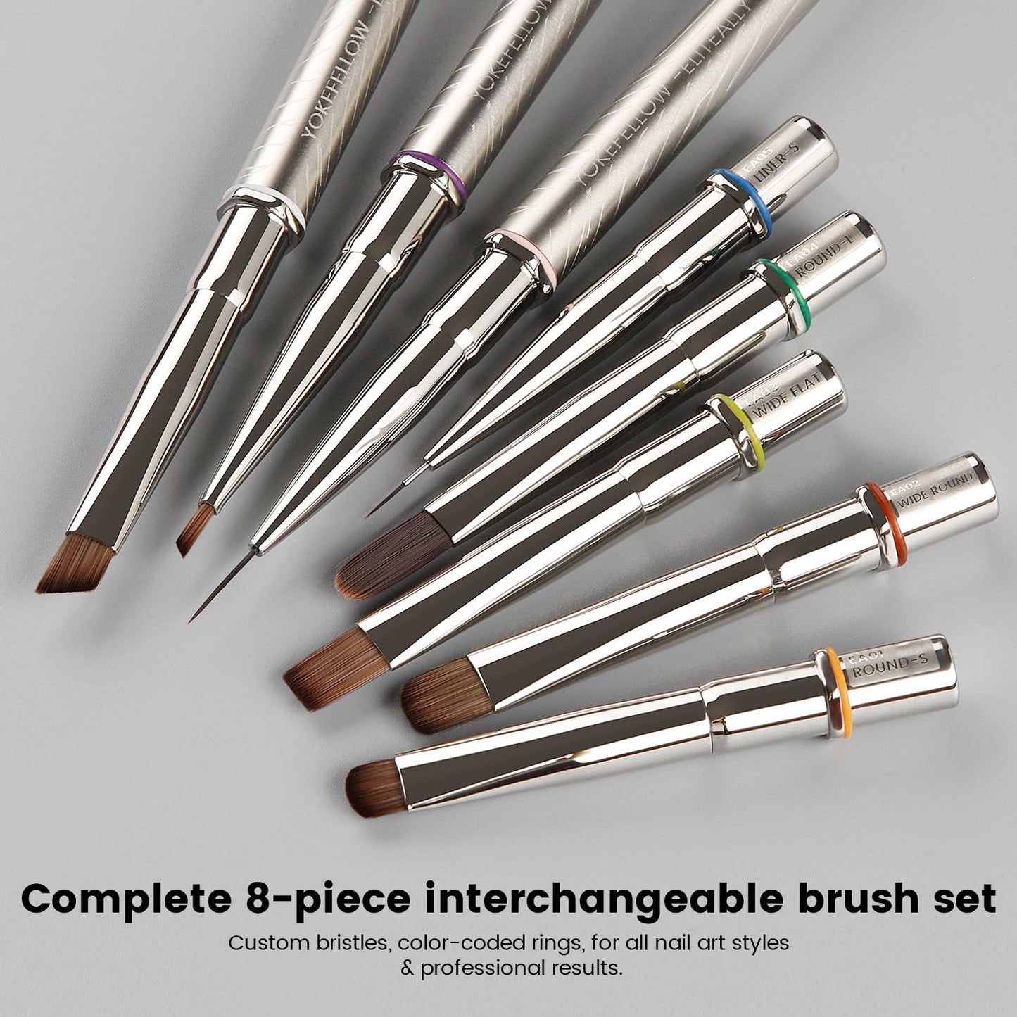 YOKEFELLOW EliteAlly Nail Art Brushes, 8pcs Nail Art Tool Set with Brush Holder, Gel Nail Brush,Extension Brush, French Tip Brush, Liner Brushes for Gel Polish Design Supply(EAkit-01)