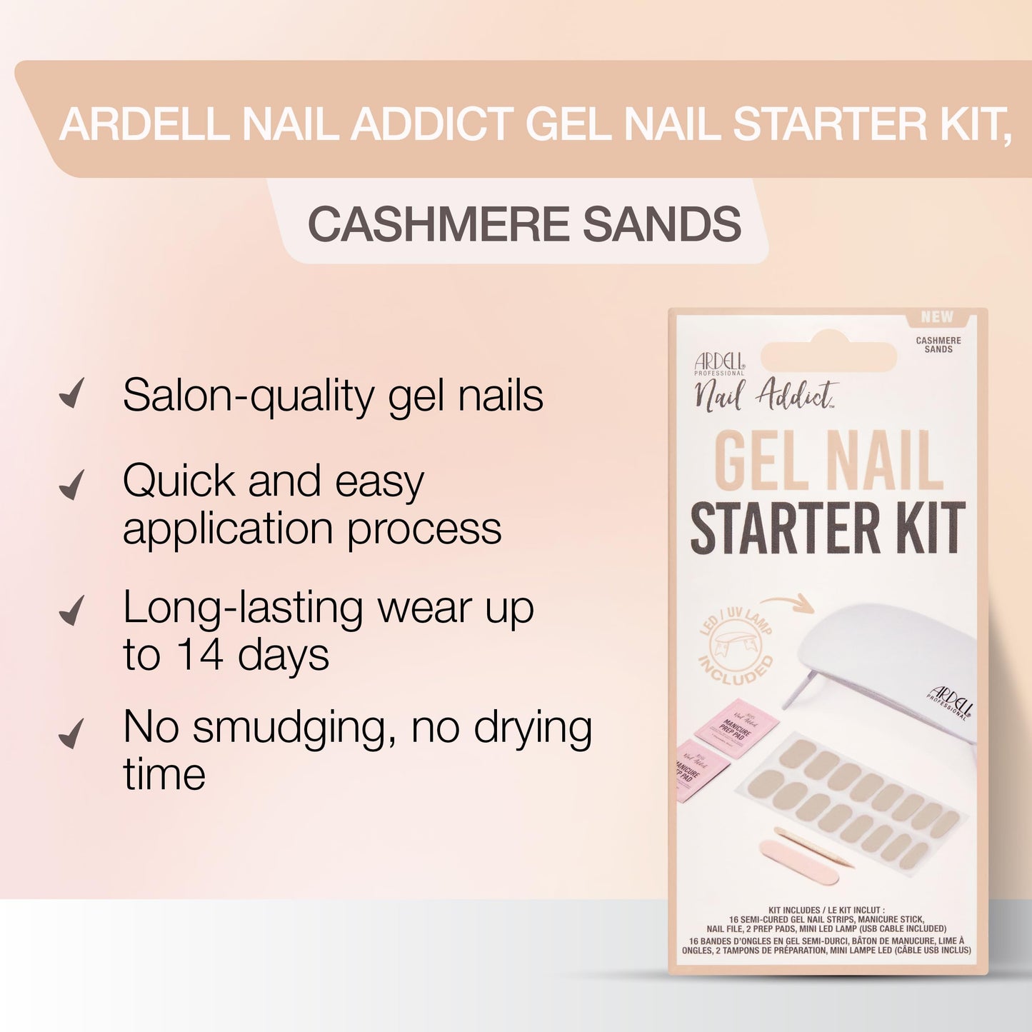 Ardell Nail Addict Gel Nail Starter Kit with Led Uv Light - Cashmere Sands, Semi-Cured Gel Nails Strips, File & Prep Pad for Easy At-Home Diy Manicure, Pack of 1