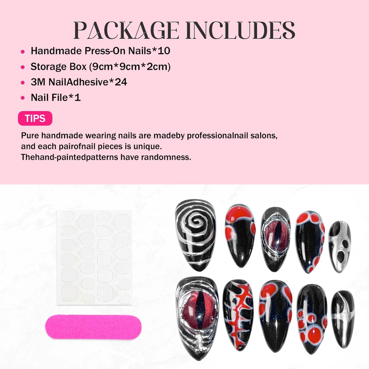 Handmade 3D Dark Anime Red Black Stiletto Press On Nails, Spiral Metallic Stream Artisan Nails Set, Reusable Glossy Press-ons with Tool Kit (S)