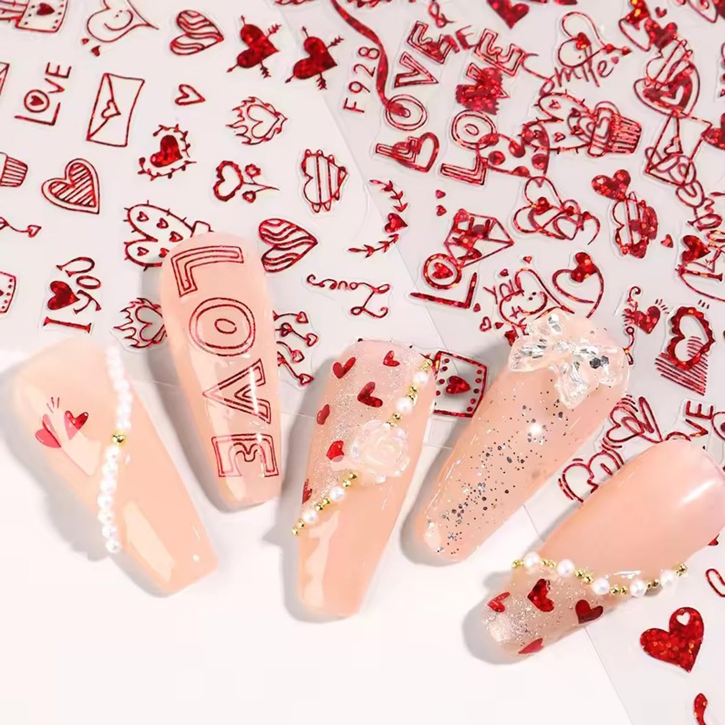 4Pcs Red Valentine's Day Nail Art Stickers - Love Heart Nail Decals, 3D Self-Adhesive Laser Red Hollow Hearts Glitter Designs for DIY 3D Nail Supplies Decoration Romantic DIY Manicure Accessories