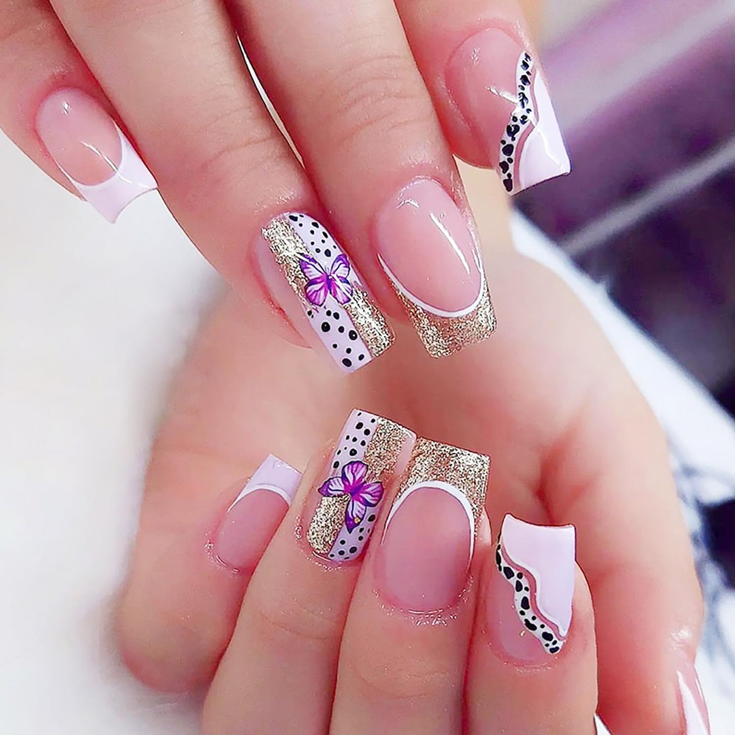Vezocim French Tips Press on Nails Square Shapes 24Pcs Glossy Full Cover Medium Acrylic Glitter Square False Nails with Butterfly Designs Artificial Coffin Fake Nails Glue ons Fingernails for Women