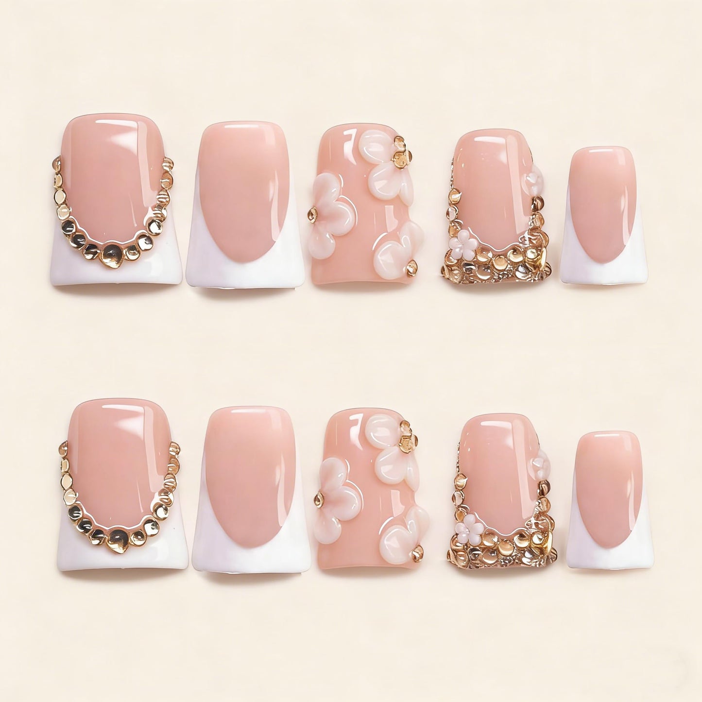 Duck Handmade Press on Nails Luxury 3D Flower & Rhinestone Fake Nails Muti-Layer Gel Acrylic Nail White French Tip False Nails with Design Full Cover Thicked Short Stick on Nail for Women (M)