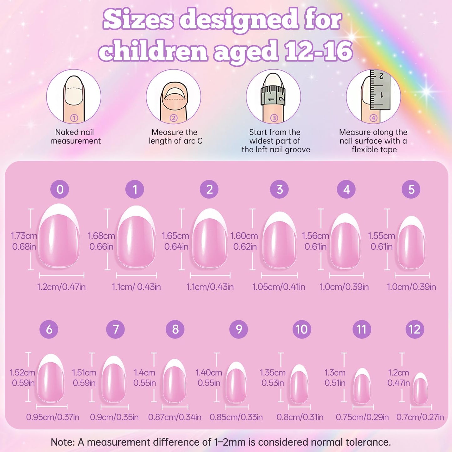 Krofaue Kid Press On Nails French Tip, Short Almond Nail Tips - 130PCS Pre Shaped Soft Acrylic Nail Tips Full Cover Nail Extensions, 13 Sizes DIY Manicure for Women and Kids, New Year Gift