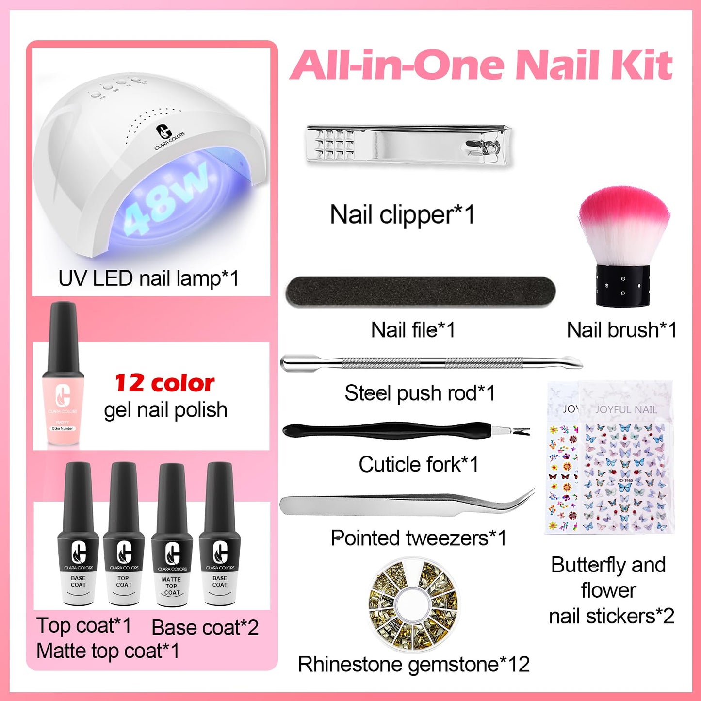 Clara Colors Gel Nail Polish Set-12 Colors Nude Pink Gel Polish Kit with Base Top Coat All In One Gel Nail Starter Kit for Beginners with Tool Nail Manicure DIY at Home Salon Gifts for Women Girls