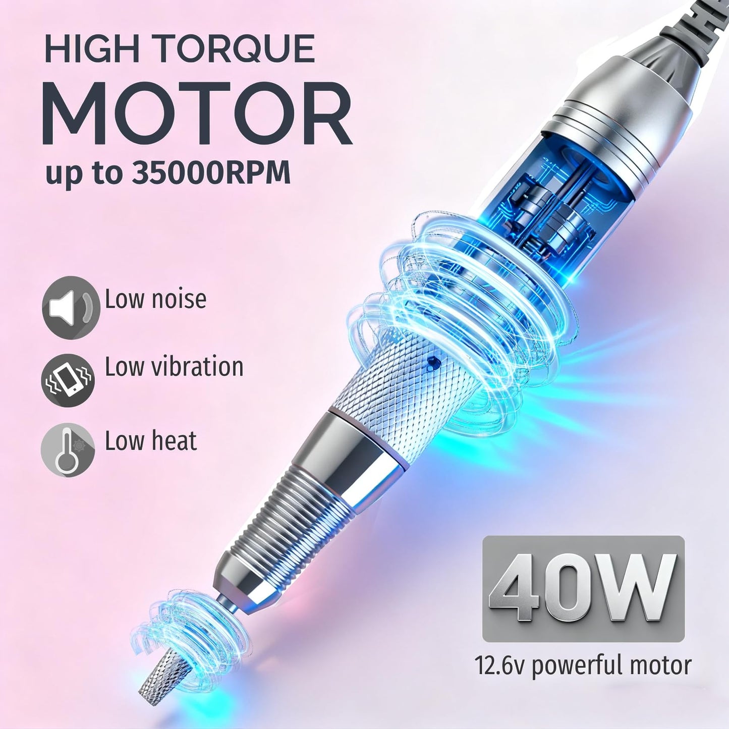 Lumcrissy Electric Nail File 35000RPM, Rechargeable Portable Nail Drill for Beginners Home Use, Cordless Efile for Acrylic Gel Nails with Ceramic Bits, Low Noise & Long Battery Life, White