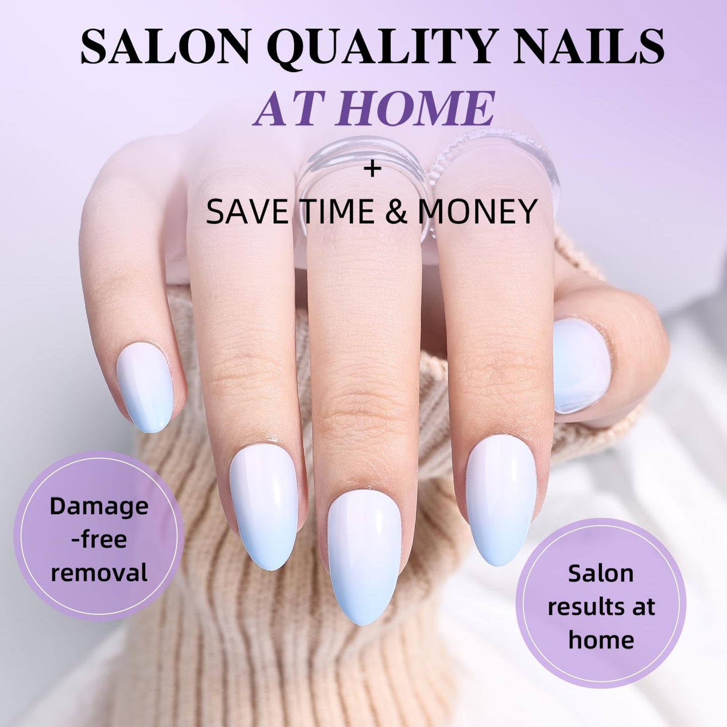 Ombre Press On Nails Short - Blue Almond Ombre French Tip Press On Nails, Reusable Fake Nails Kit with Glue, 32 Nails in 16 Sizes | Salon Quality