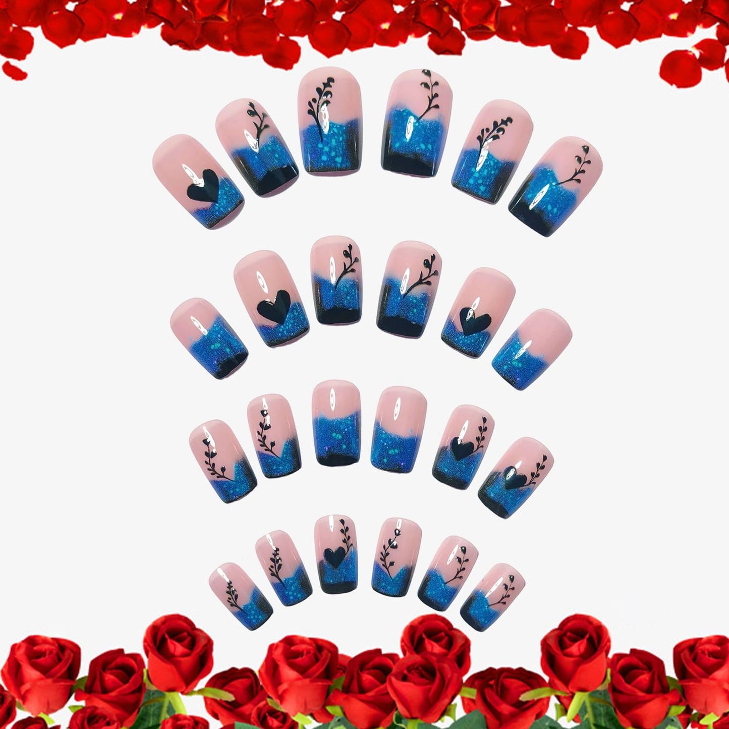 Valentines Press on Nails Medium Square Artificial Acrylic French Black Fake Nails Gradient Black Love Coffin Nail Full Cover Glossy Stick on Nail Artificial Fingernails for Women Festival Manicure