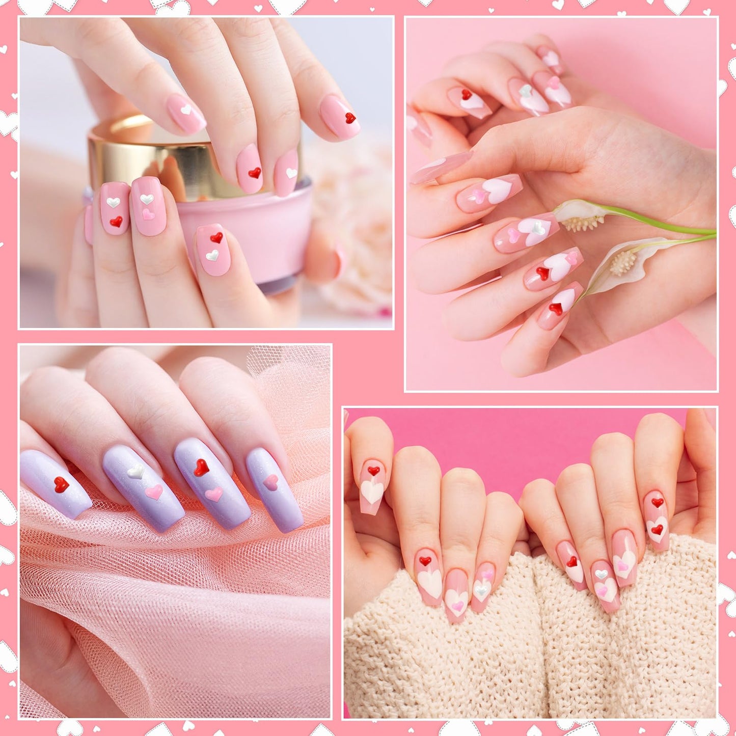 600pcs Valentine Heart Nail Charms and Gems Mini Pink Heart Charms for Nail Red White 3D Resin Rhinestones Love Accessories Half Cover Cute Supplies for Galentines Day Women DIY Decor