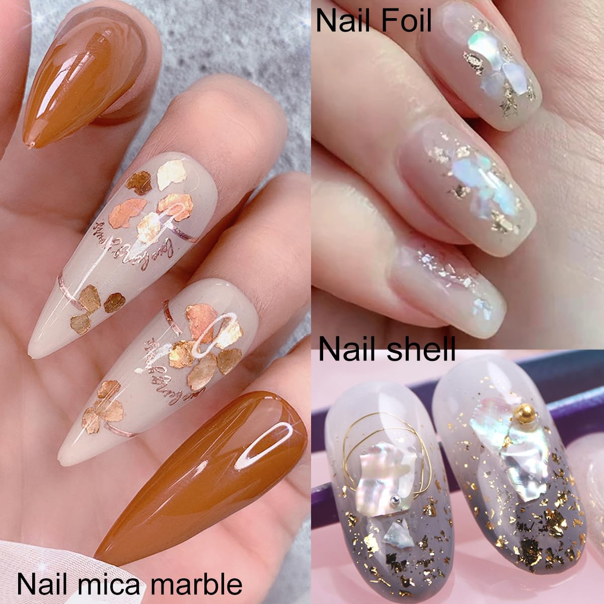 UARUOGP 3 Boxes 36 Grids Nail Art Foil Flakes Glitter Irregular Mica Seashell Flakes,Nail Supplies Glitter Slice Colorful Marble Seashell DIY Acrylic Decorations Charms