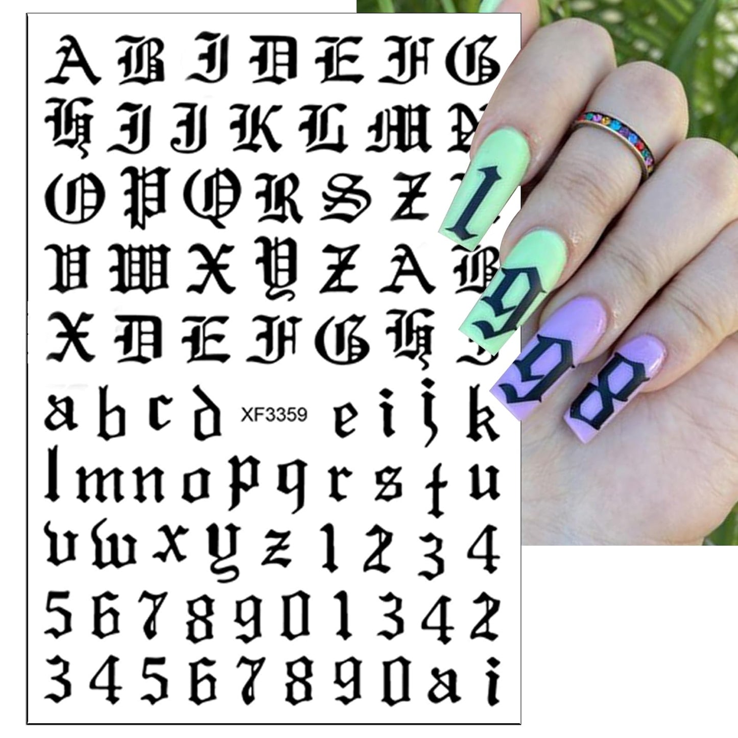 8 Sheets Old English Nail Sticker 3D Self-Adhesive Pegatinas Uñas Old Alphabet Nail Decals Gold Silver Black White Number Font Letters Metallic Holographic Alphabet Design Nail Art Supplies for Women