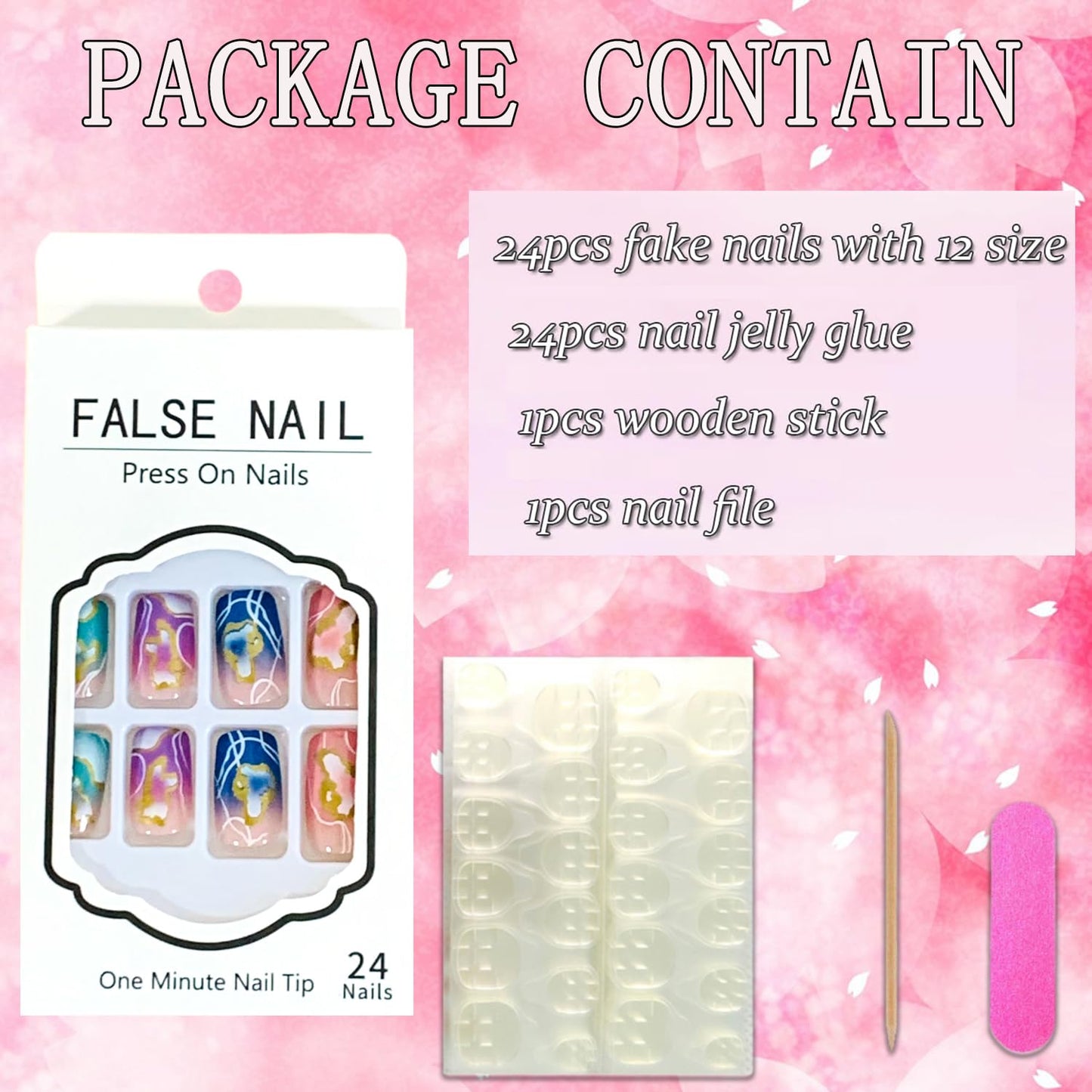 Vezocim Acrylic Square False Nails Sets, 24Pcs Pink Gradient Press on Nails Medium Coffin with Gold White Line Designs, Glossy Full Cover Artificial Fake Nails Glue Fingernails with Charm for Women
