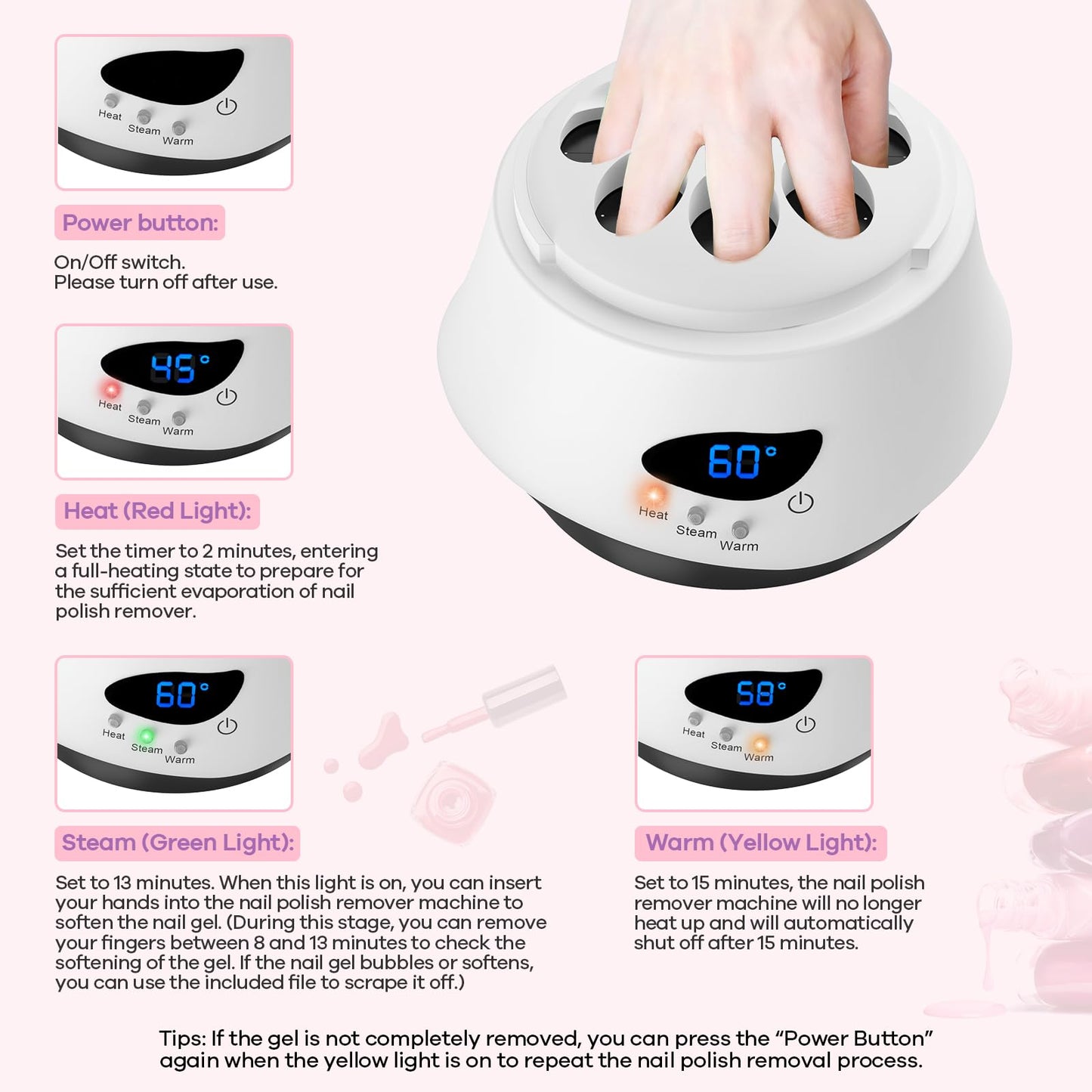 LINBEAUTI 50W Nail Steamer Gel Nail Polish Remover MachineQuick Nail Gel Removal Steamer Acrylic Nail Remover Gel Polish Remover for Salon Home Use Portable Electric Nail Steamer Tools