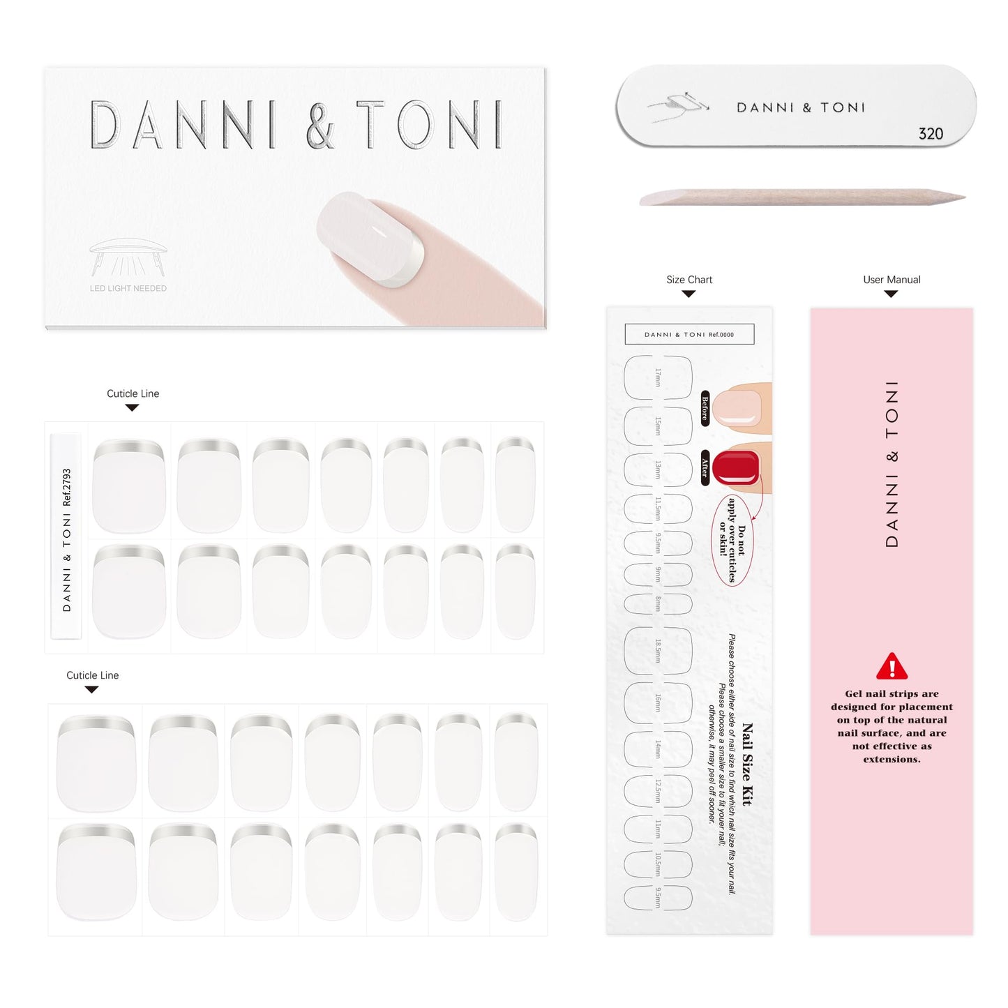 DANNI & TONI Semi Cured Gel Nail Strips Reverse French (Frost Kiss) White Gel Nail Wraps 28 Stickers Gift for Woman
