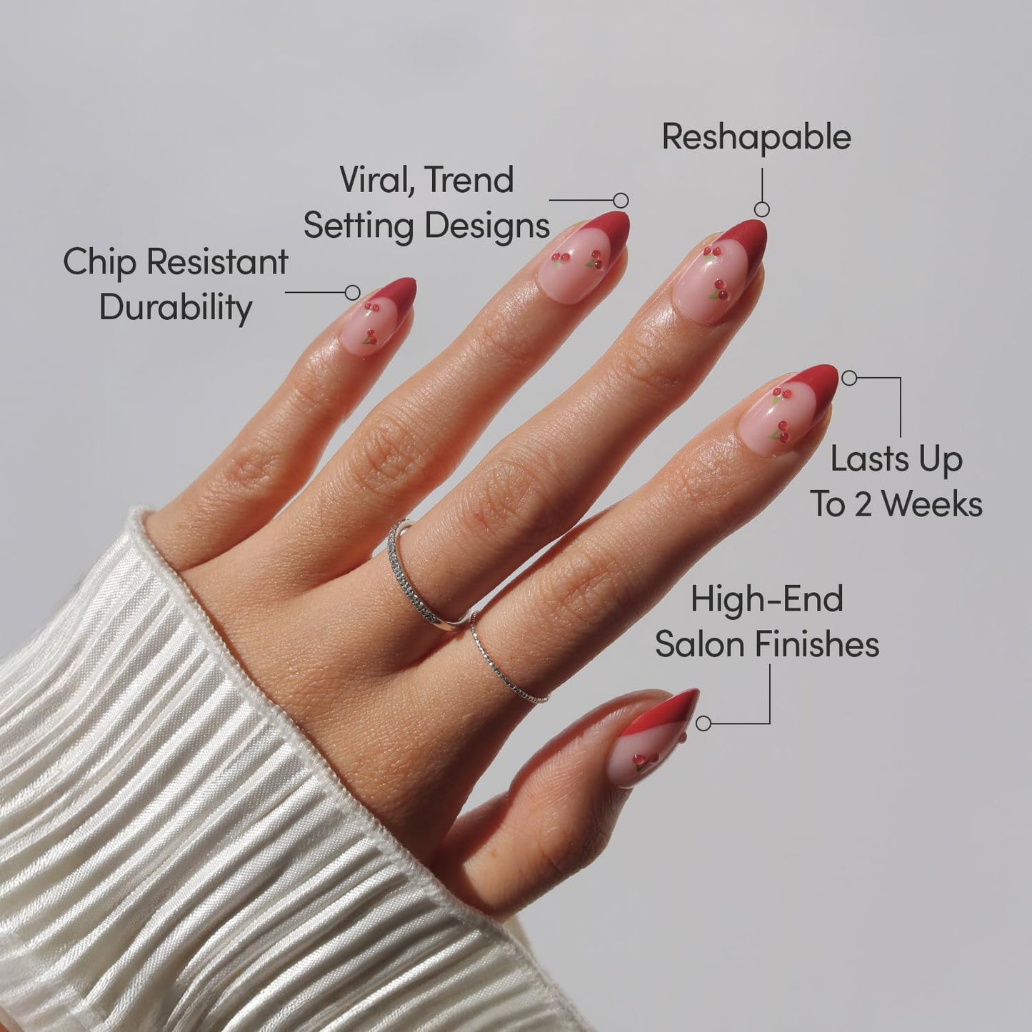 Glamnetic Press On Nails - Cherry Bomb | Short Almond Fake Nails with Glossy Red French Tips & 3D Cherry Accents on Semi-Transparent Base, Salon Quality | 15 Sizes - 30 Nail Kit with Glue